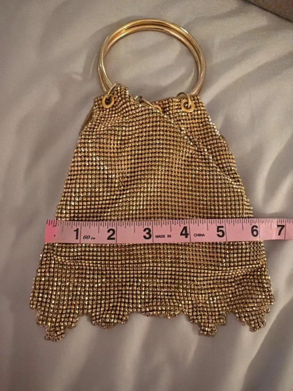 Whiting & Davis Womens Gold Mesh Evening Bag Ring Handles Ruffled Fringe Vintage
